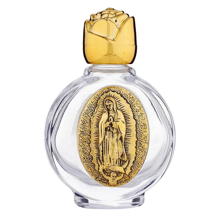 Catholic holy water glass bottle display featuring Our Lady of Guadalupe design.