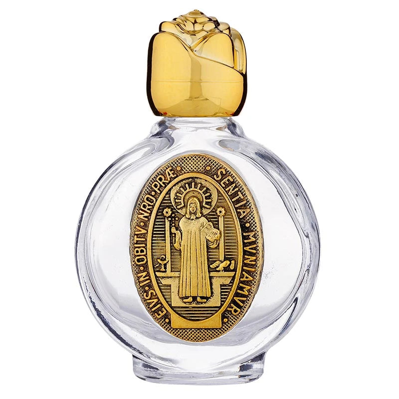 Catholic holy water glass bottle display featuring Miraculous Medal design.