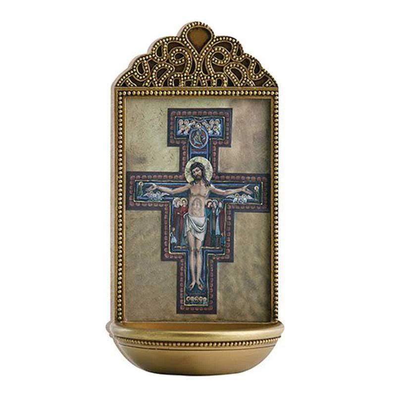 San Damiano Crucifix 6 inch Holy Water Font in detailed resin for Catholic home prayer spaces, classrooms, and chapels.