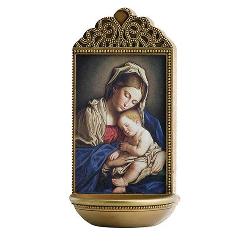 Sassoferrato Madonna and Child 6 inch Holy Water Font in detailed resin for Catholic home prayer spaces, classrooms, and chapels.
