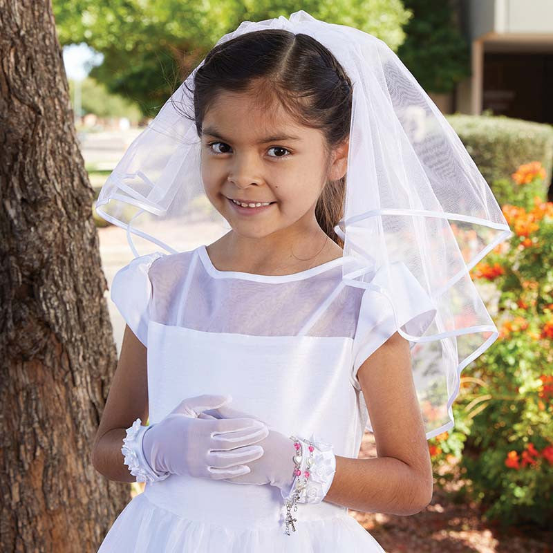 First Communion veil for girls with satin bow headband and pearl cross