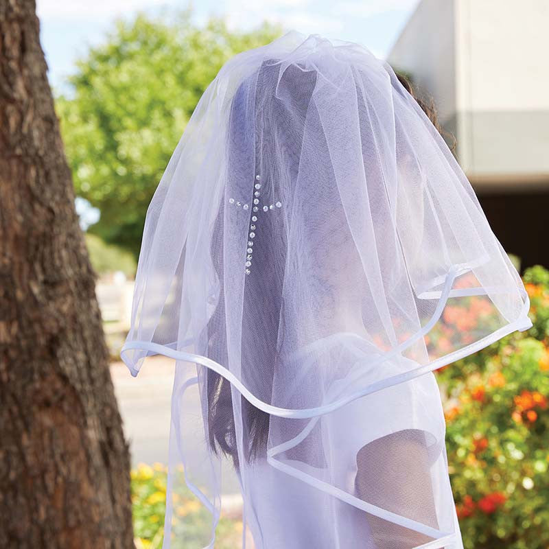 First Communion veil for girls with satin bow headband and pearl cross