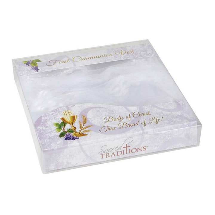 First Communion veil for girls with satin bow headband and pearl cross