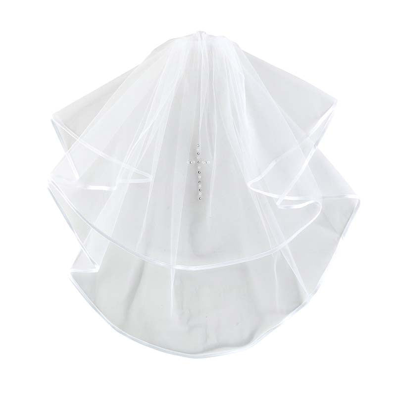 First Communion veil for girls with satin bow headband and pearl cross