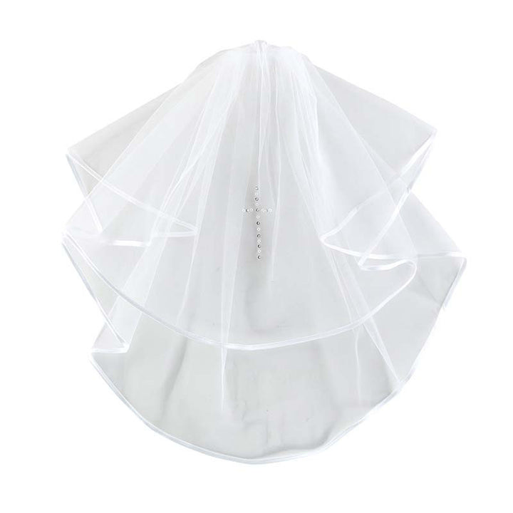 First Communion veil for girls with satin bow headband and pearl cross