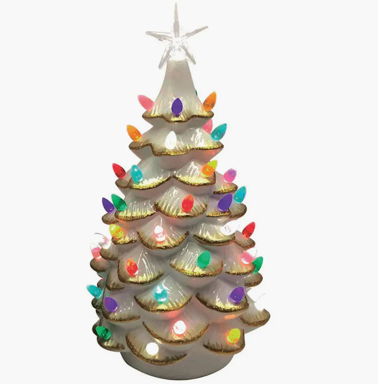14" LIGHTED WHITE CERAMIC TREE WITH GOLD TIPS