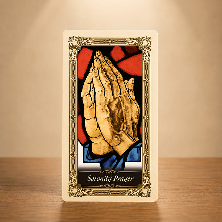 Serenity Prayer Kilgarlin Laminated Prayer Card featuring praying hands artwork with gold accents and a classic Christian devotional design.