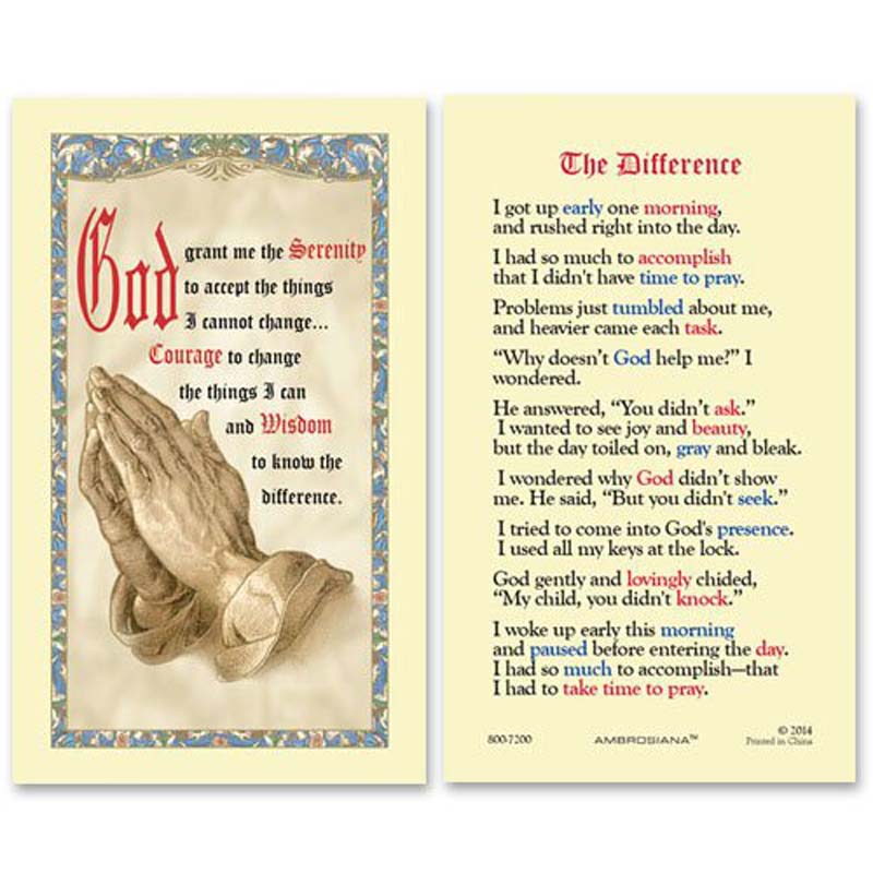 Serenity Prayer Laminated Holy Card with The Difference prayer poem about making time for God, daily prayer, faith, and spiritual encouragement.