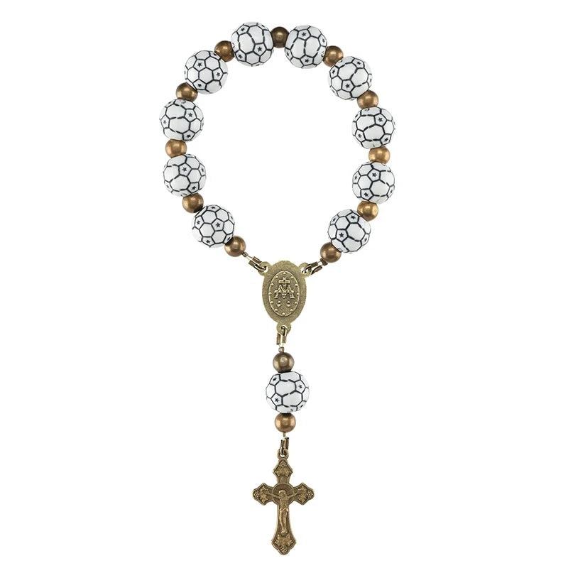  Soccer One Decade Rosary with 10 mm soccer ball beads, and crucifix for Catholic players and sports prayer.