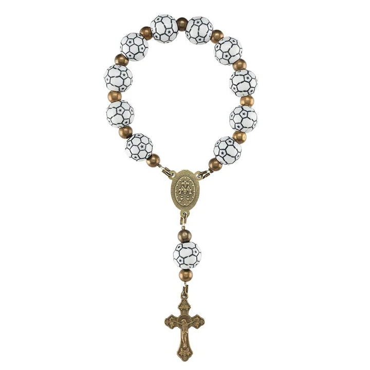  Soccer One Decade Rosary with 10 mm soccer ball beads, and crucifix for Catholic players and sports prayer.