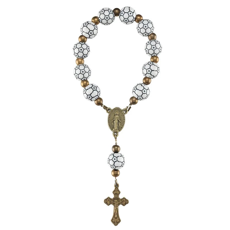  Soccer One Decade Rosary with 10 mm soccer ball beads, cord construction, and crucifix for Catholic players and sports prayer.