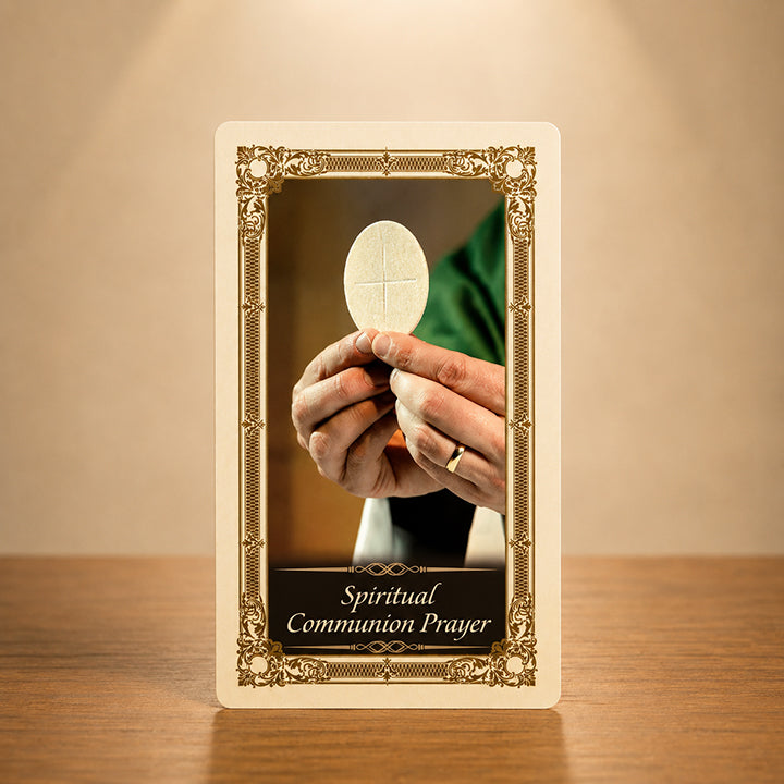 Spiritual Communion Prayer Card with priest holding Eucharist Catholic artwork
