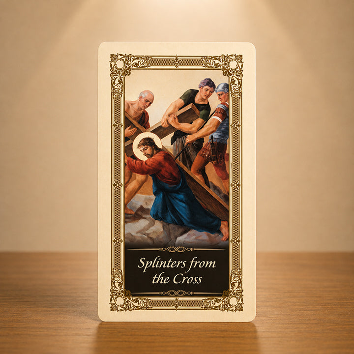 Splinters from the Cross Prayer Card with Jesus carrying the Cross and gold color accents