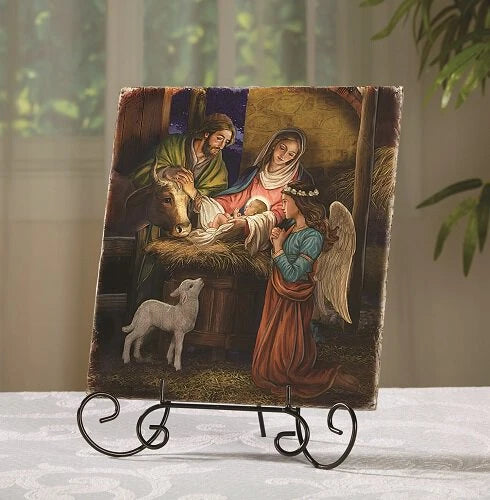 8 inch Nativity-themed Christmas plaque with display stand for mantel, shelf, or tabletop décor.