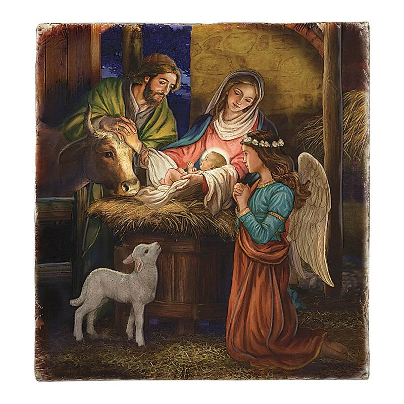 Away in a Manger square tile plaque with stand crafted from polyresin for Catholic Christmas décor.
