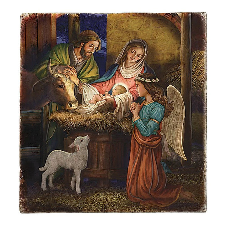 Away in a Manger square tile plaque with stand crafted from polyresin for Catholic Christmas décor.