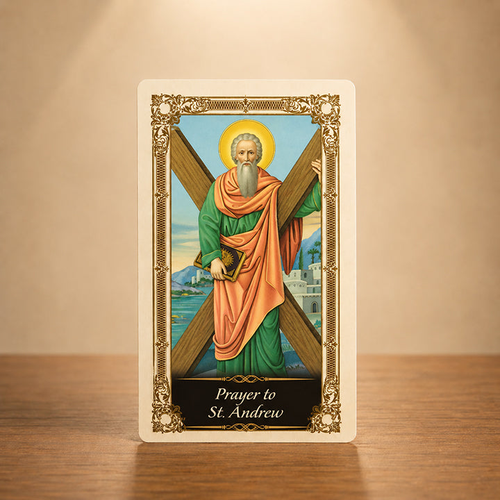 St. Andrew laminated Catholic prayer card with Apostle and X-shaped cross artwork