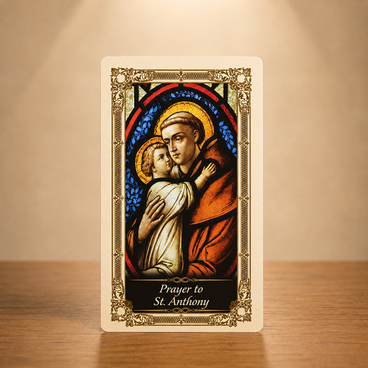 St. Anthony Prayer Card with Saint Anthony and Child Jesus stained glass artwork