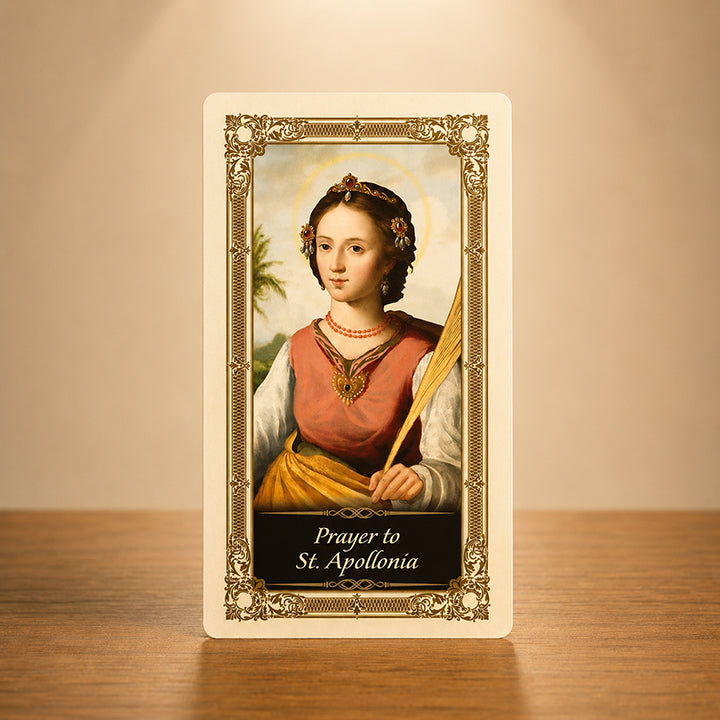 Apollonia Prayer Card with Catholic devotional artwork and gold colour accents