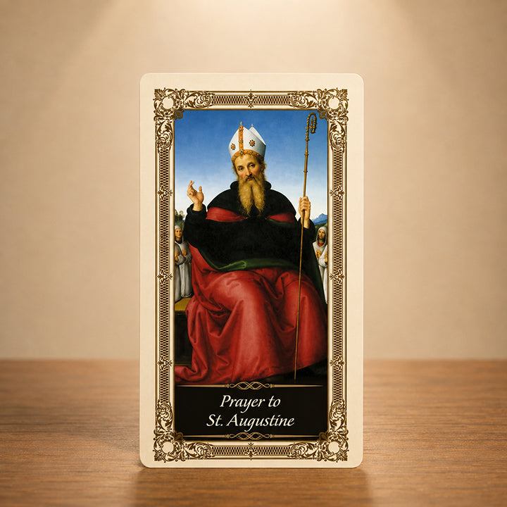 St. Augustine laminated Catholic prayer card with traditional sacred artwork
