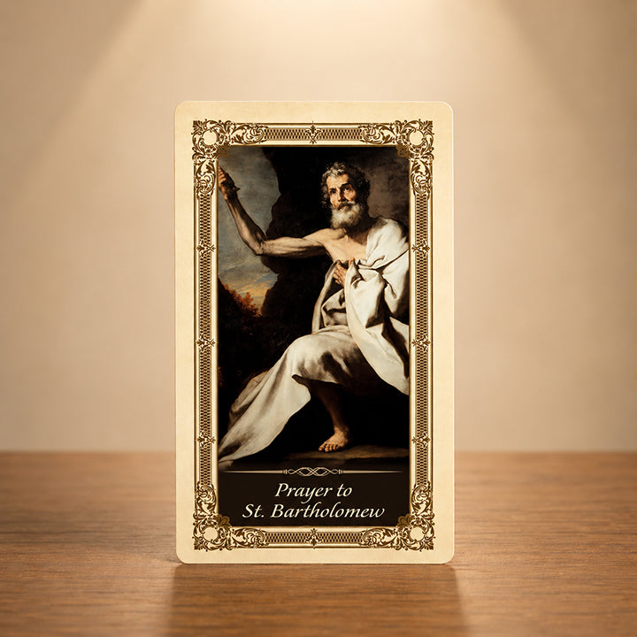St. Bartholomew Kilgarlin Laminated Prayer Card featuring classic artwork of St. Bartholomew the Apostle with ornate gold-accent Catholic design.