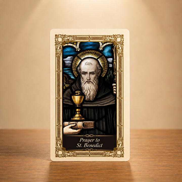 St. Benedict Prayer Card with sacred artwork of Saint Benedict