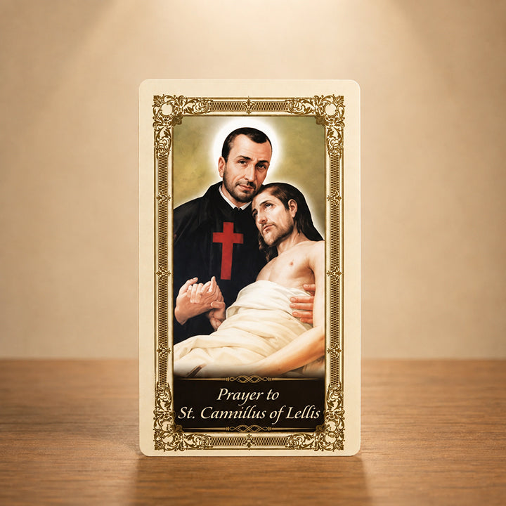 St. Camillus of Lellis Prayer Card with Catholic saint artwork and gold colour accents