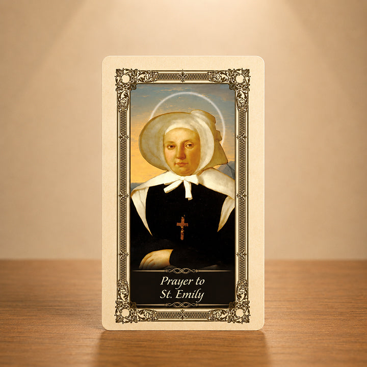 St. Emily laminated Catholic prayer card with traditional religious artwork