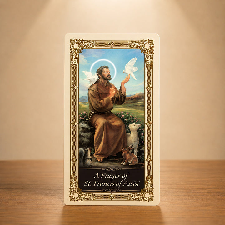 St. Francis of Assisi Prayer Card with saint, dove and animals