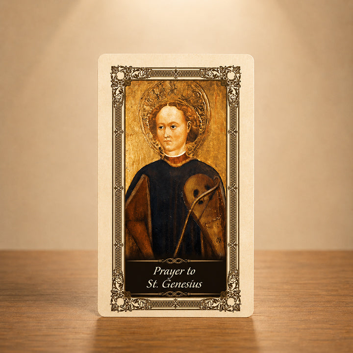 St. Genesius laminated Catholic prayer card with traditional actor saint artwork