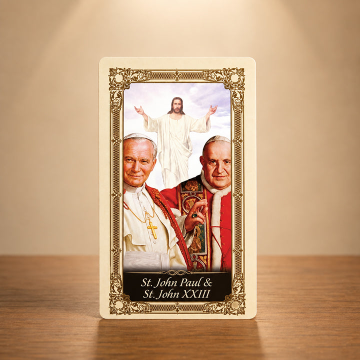 St. John Paul II and St. John XXIII laminated Catholic prayer card with thanksgiving prayer