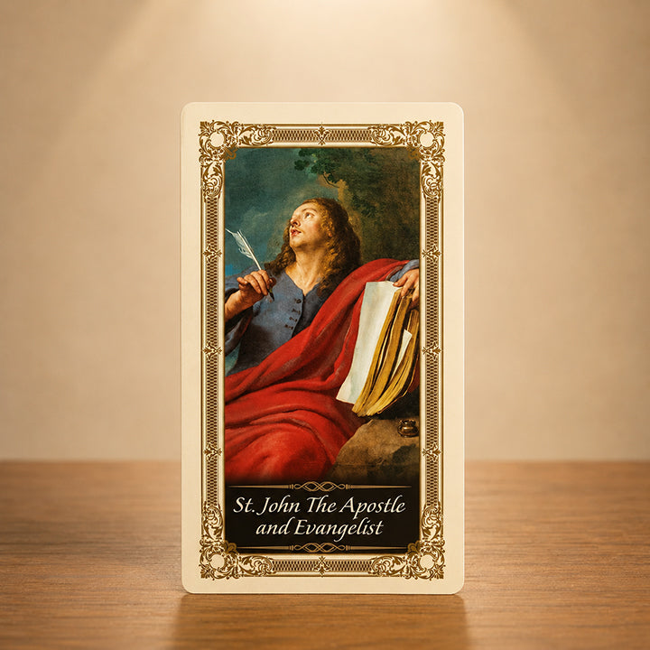 St. John the Apostle Prayer Card with sacred artwork and writing quill