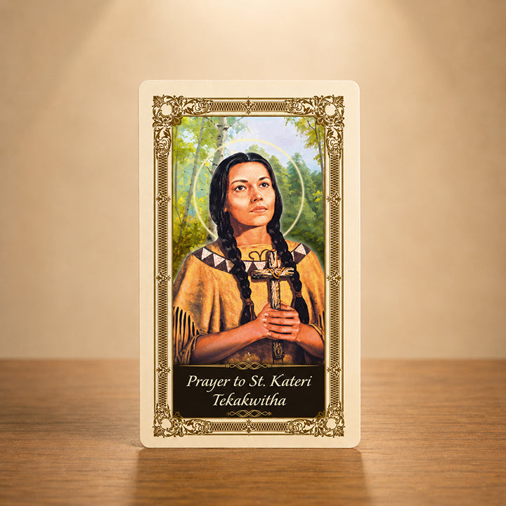 St. Kateri Tekakwitha Prayer Card with saint holding a cross