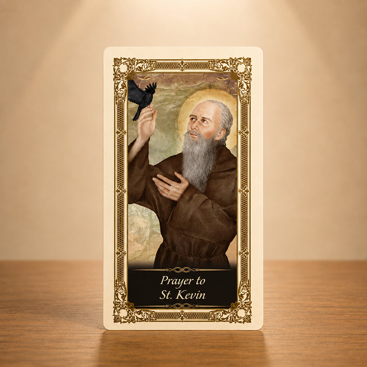 St. Kevin laminated Catholic prayer card with Saint Kevin and bird sacred artwork