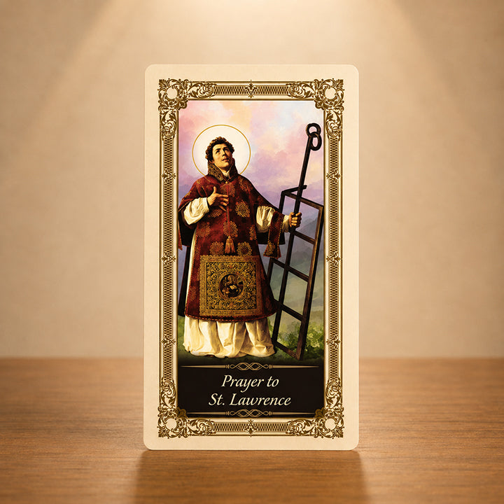 St. Lawrence laminated Catholic prayer card with Saint Lawrence and gridiron artwork