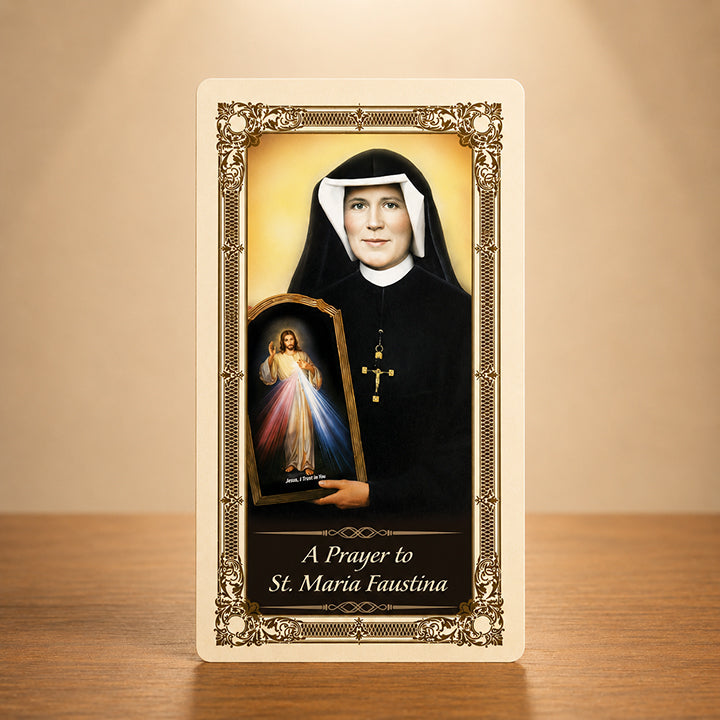 St. Faustina Prayer Card with Saint Maria Faustina holding Divine Mercy 