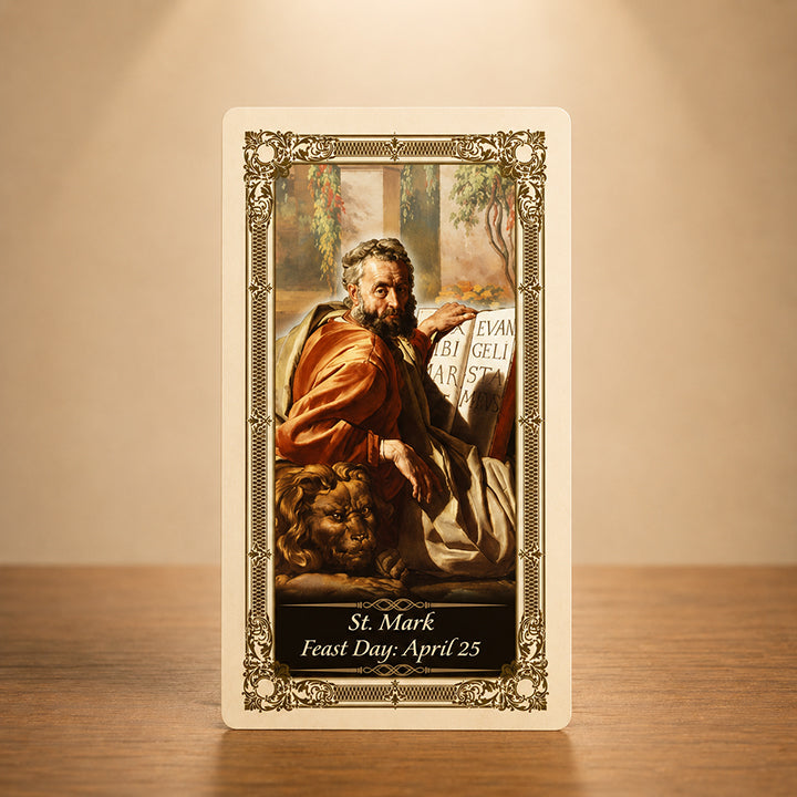 St. Mark laminated Catholic prayer card with Saint Mark the Evangelist and lion artwork