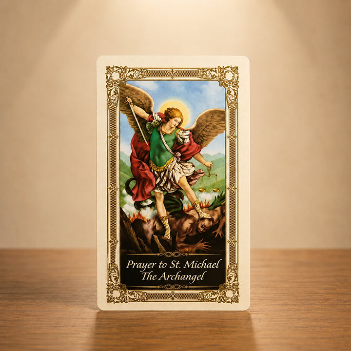 St. Michael Prayer Card with Archangel Michael defeating evil