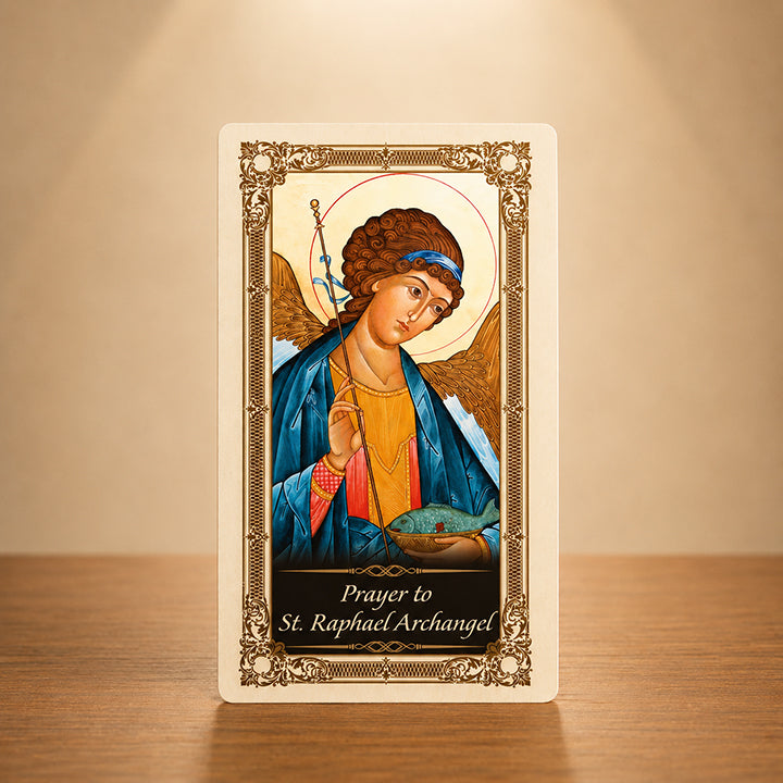 St. Raphael laminated Catholic prayer card with healing travel and guidance prayer text