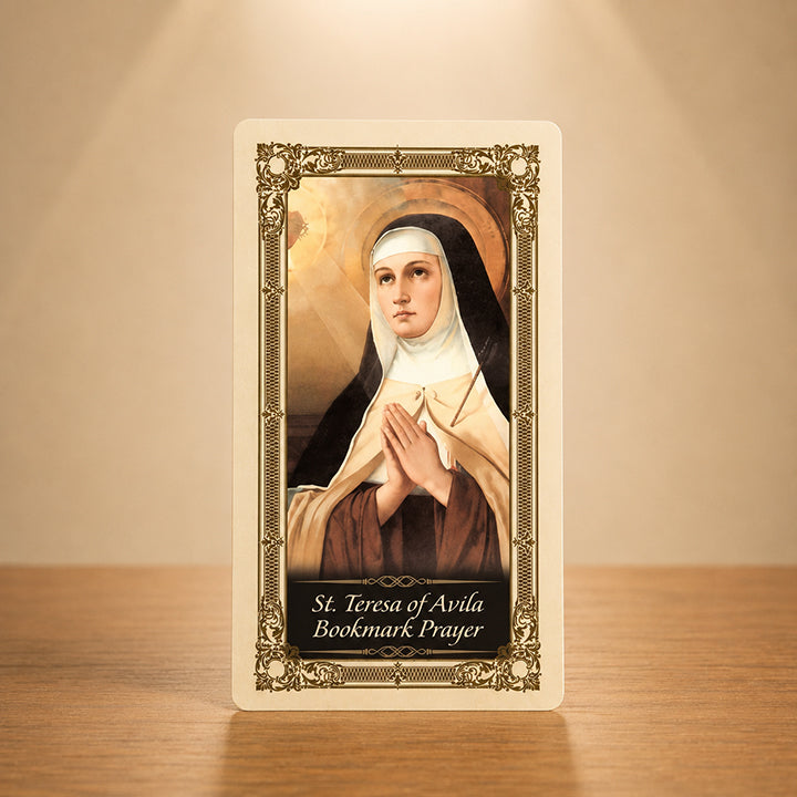 St. Teresa of Avila bookmark prayer card with Catholic saint artwork and inspirational prayer