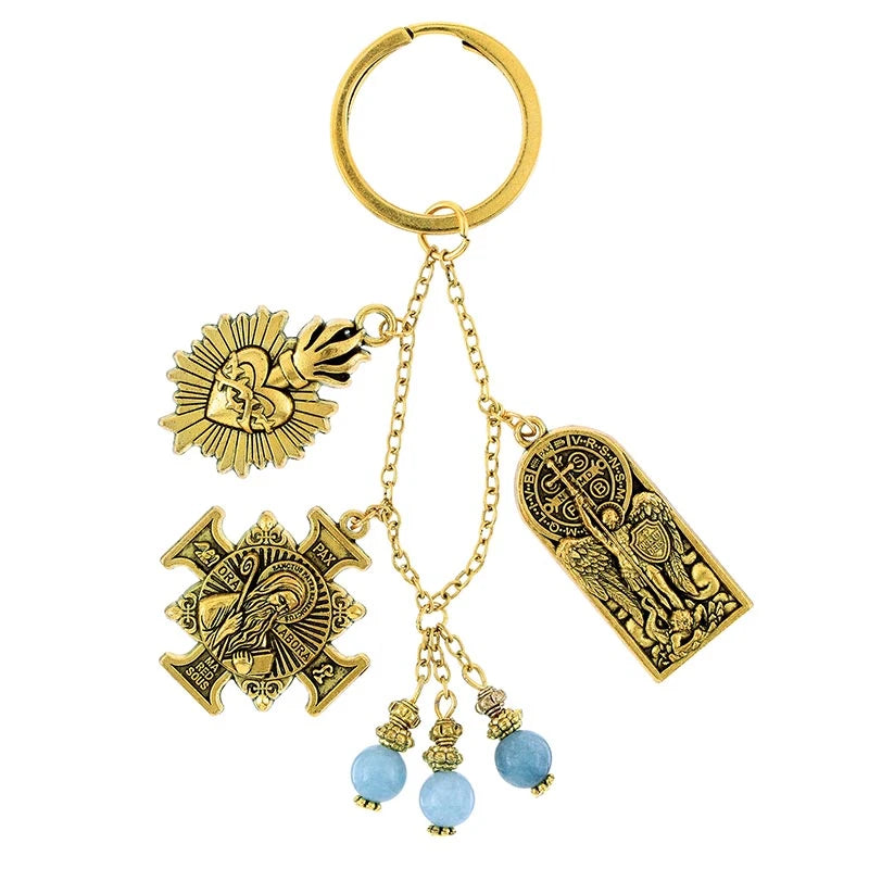 Saint Michael Adoration Keychain – Aquamarine Rosary Dangle Religious Gift