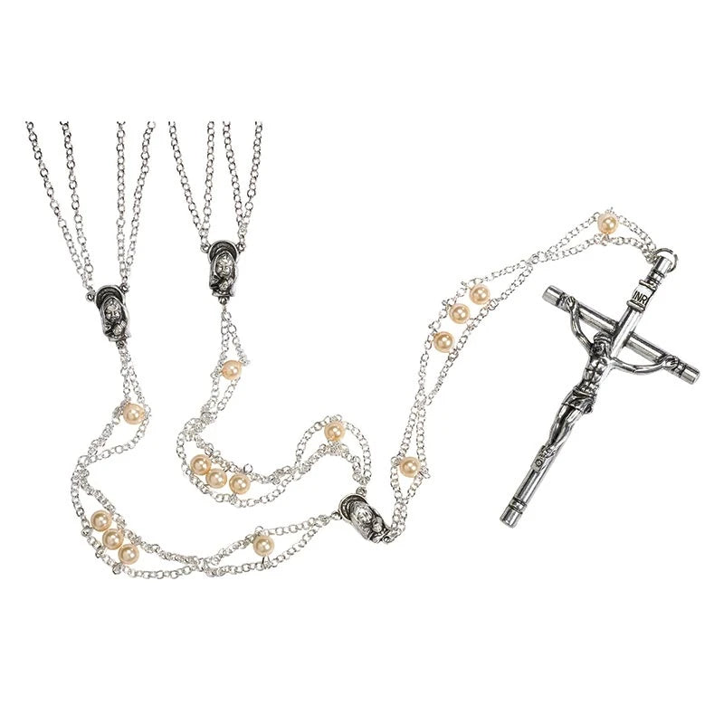 Mother of Pearl wedding lasso rosary with imitation pearl beads, silver accents, and 4-inch crucifix