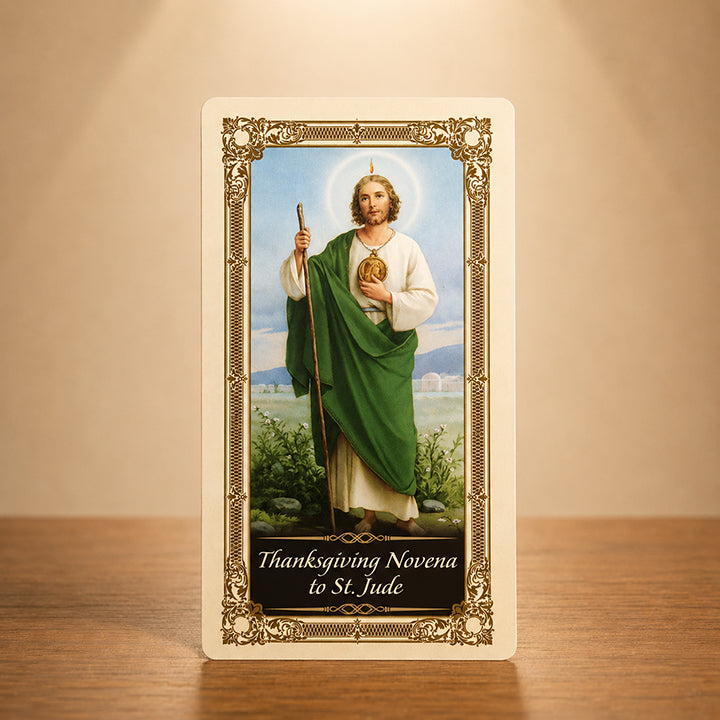 Thanksgiving Novena to St. Jude Kilgarlin Laminated Prayer Card featuring St. Jude with staff and Christ medallion in ornate gold Catholic artwork.