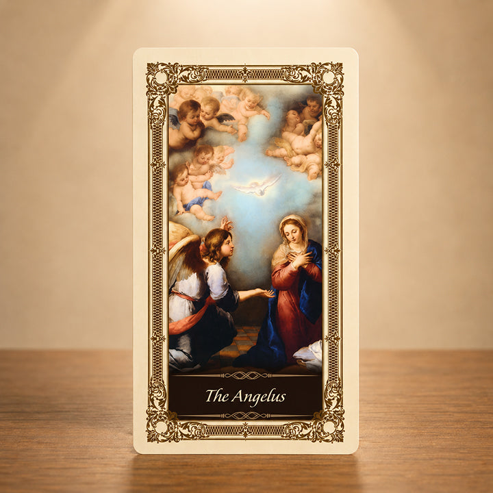 The Angelus Kilgarlin Laminated Prayer Card featuring the Archangel Gabriel and Blessed Virgin Mary at the Annunciation with gold accents.