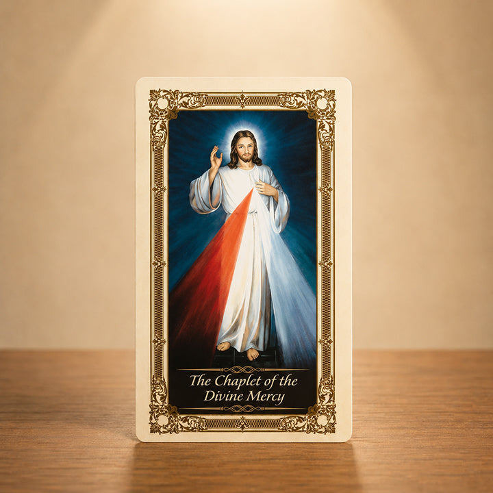 Chaplet of the Divine Mercy Kilgarlin Laminated Prayer Card featuring Jesus of Divine Mercy with red and pale rays and ornate gold Catholic artwork.