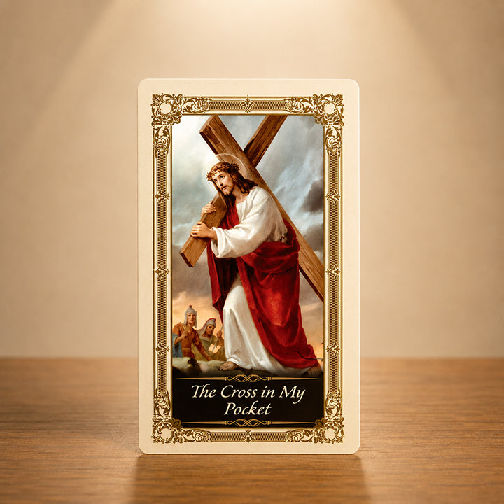 The Cross in My Pocket prayer card with Jesus carrying the Cross Catholic artwork