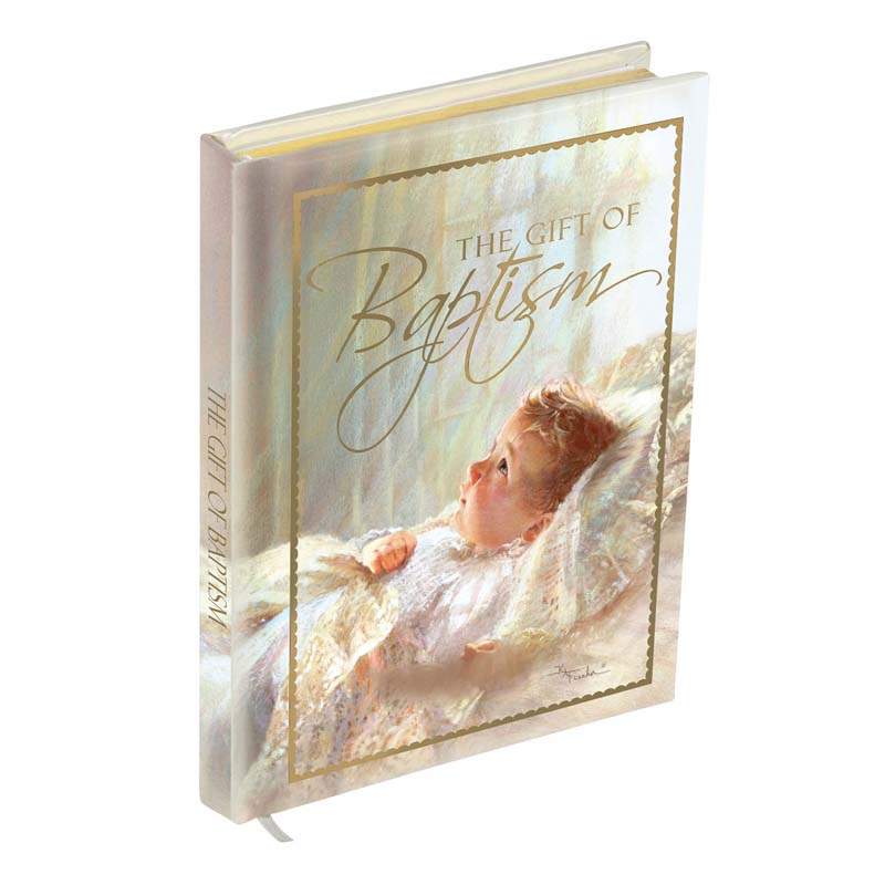The Gift of Baptism Book with padded hardcover and full-color Kathy Fincher artwork, designed as a Catholic Baptism keepsake gift.