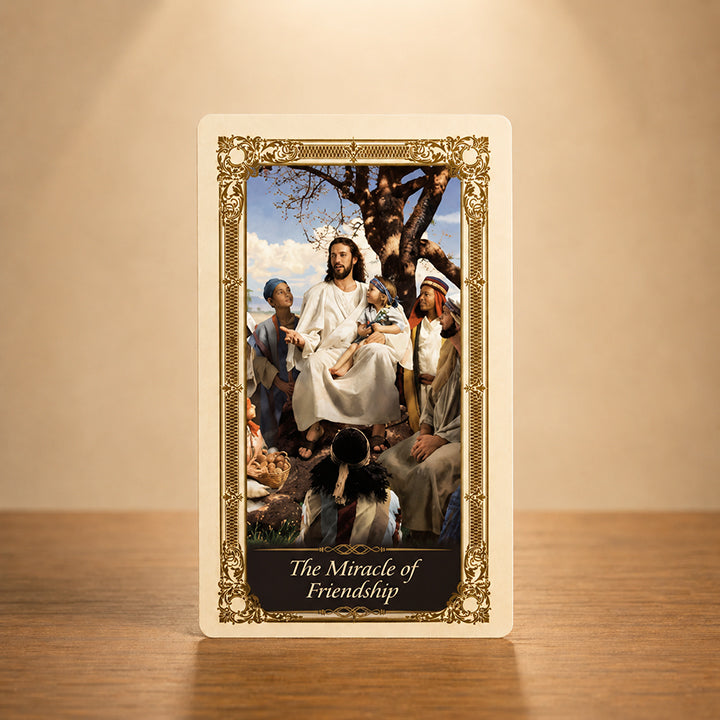 The Miracle of Friendship prayer card with Jesus and followers Catholic artwork
