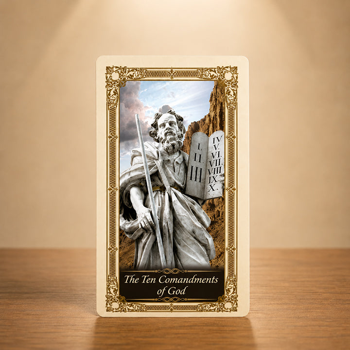 Ten Commandments Prayer Card with Moses holding the stone tablets