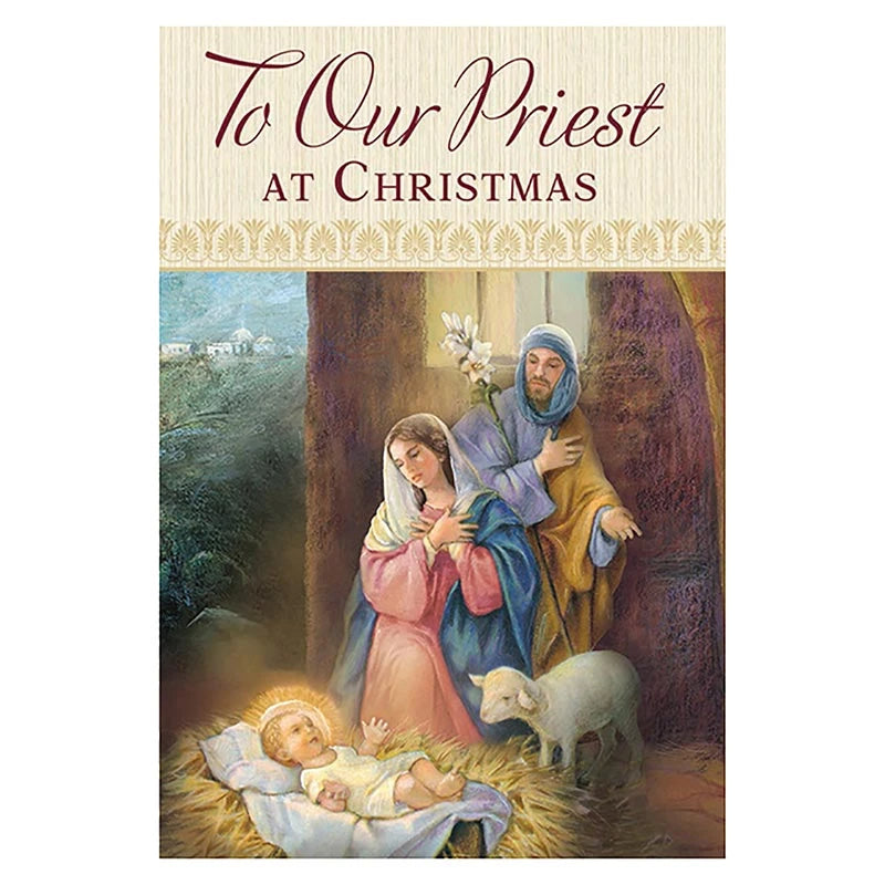 To Our Priest at Christmas Card with elegant gold foil accents and a Catholic Christmas blessing.